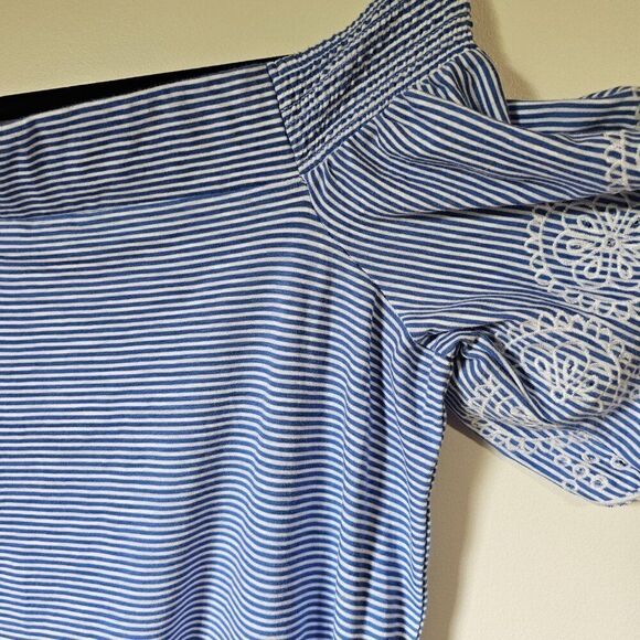 EUC LOFT VINTAGE SOFT STRIPED BOATNECK / OFF SHOULDER TOP EMBROIDERED SLEEVES S - Picture 4 of 11